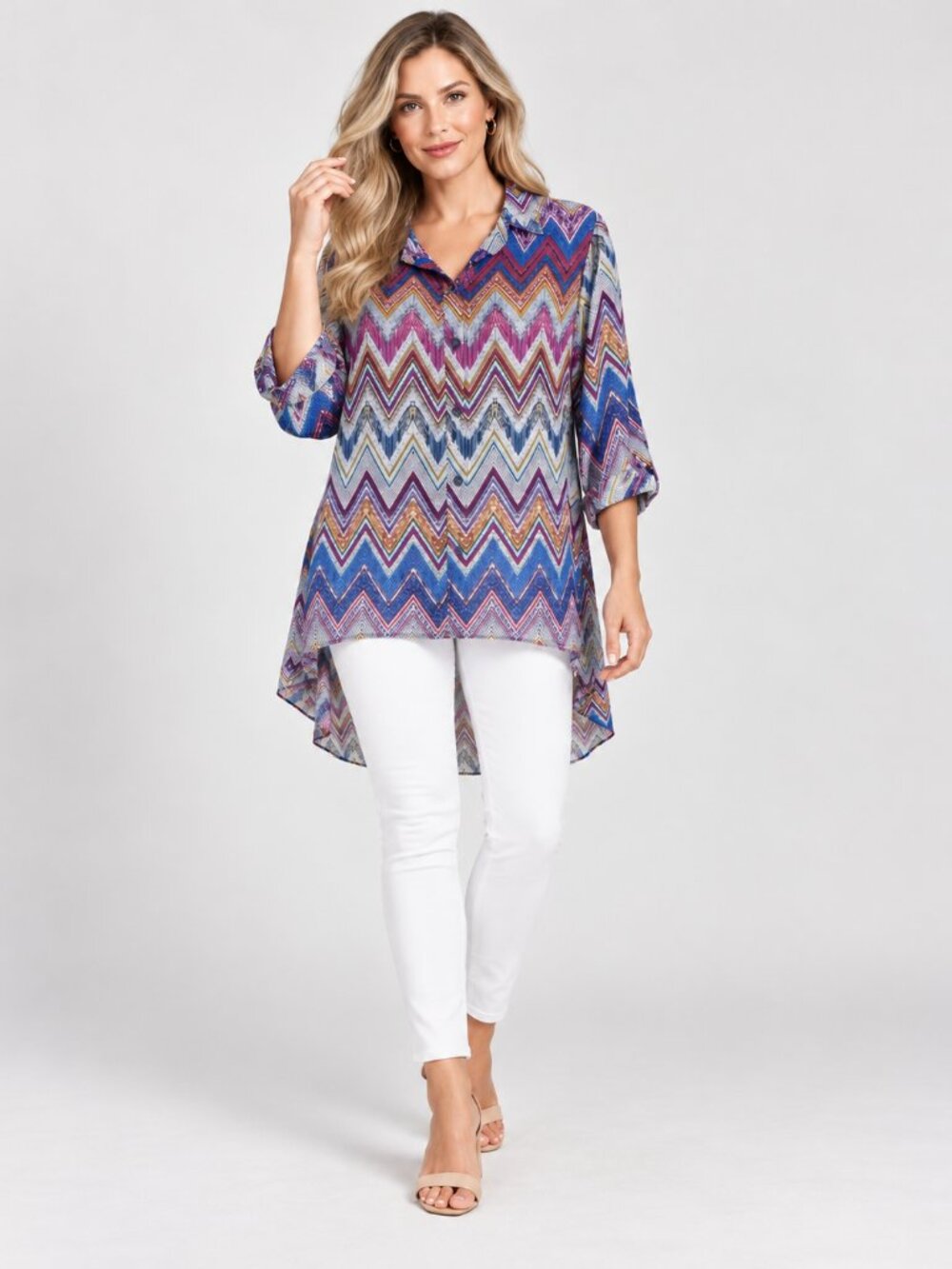 By Design Women's Shirt Colorful Hi-Lo Geometric Print Hysteria Retro Vibe Large